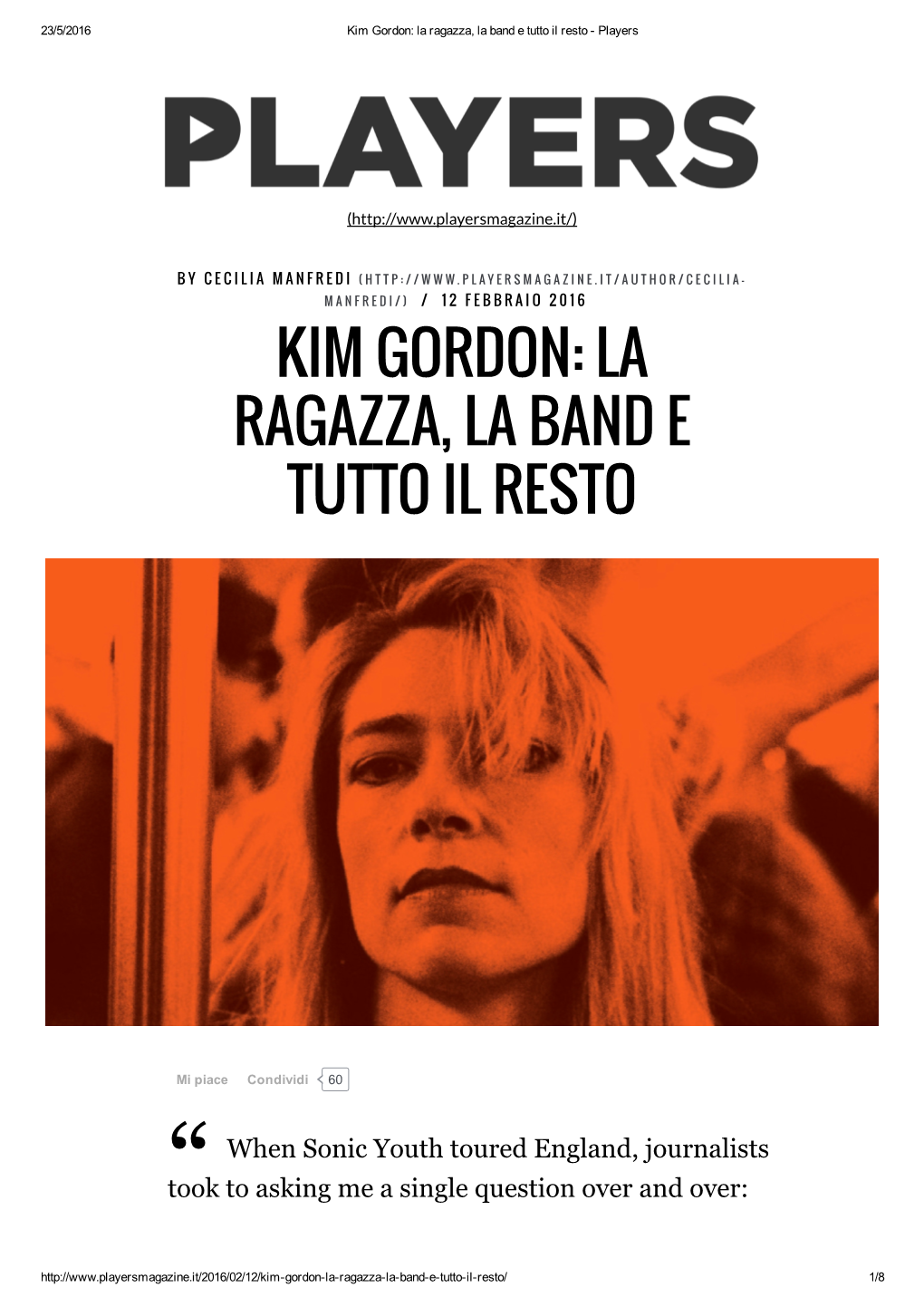 Kim Gordon: La Ragazza, La Band E Tutto Il Resto ­ Players