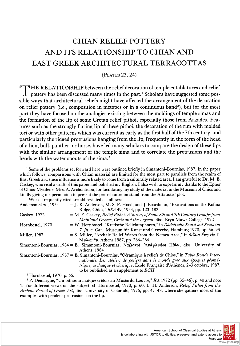Chian Relief Pottery and Its Relationship to Chian and East Greek Architectural Terracottas