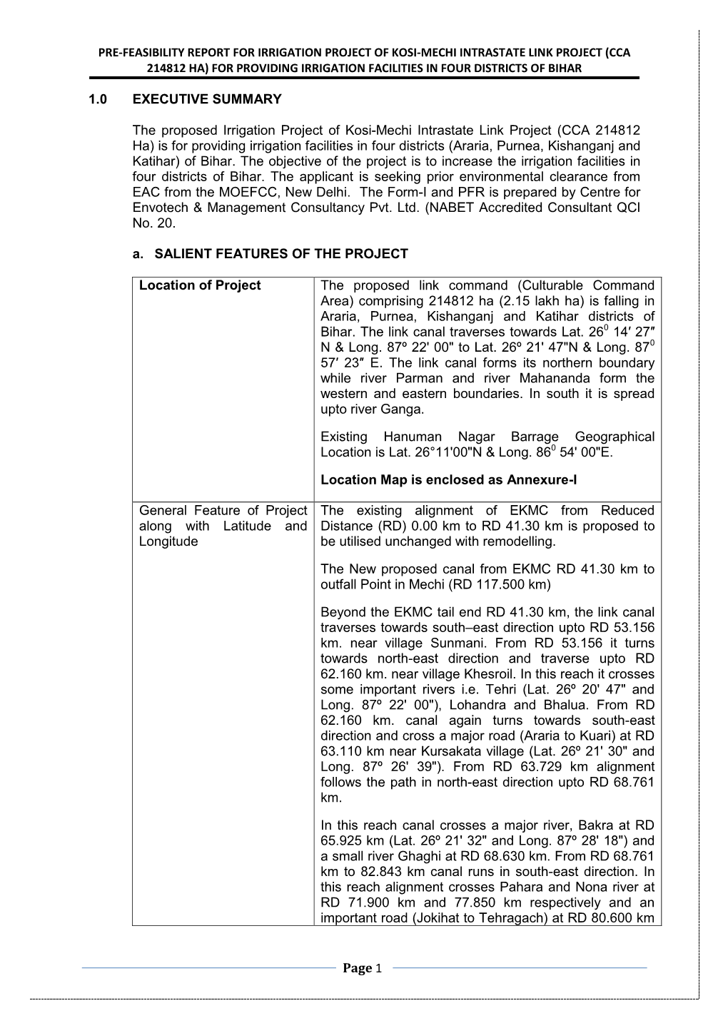 Pre-Feasibility Report for Irrigation Project of Kosi-Mechi Intrastate Link Project (Cca 214812 Ha) for Providing Irrigation Facilities in Four Districts of Bihar
