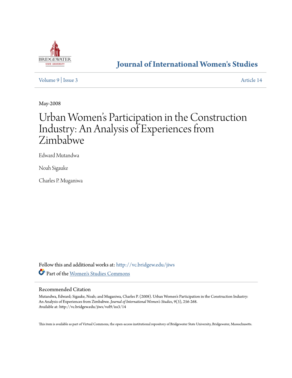 Urban Women's Participation in the Construction Industry: an Analysis