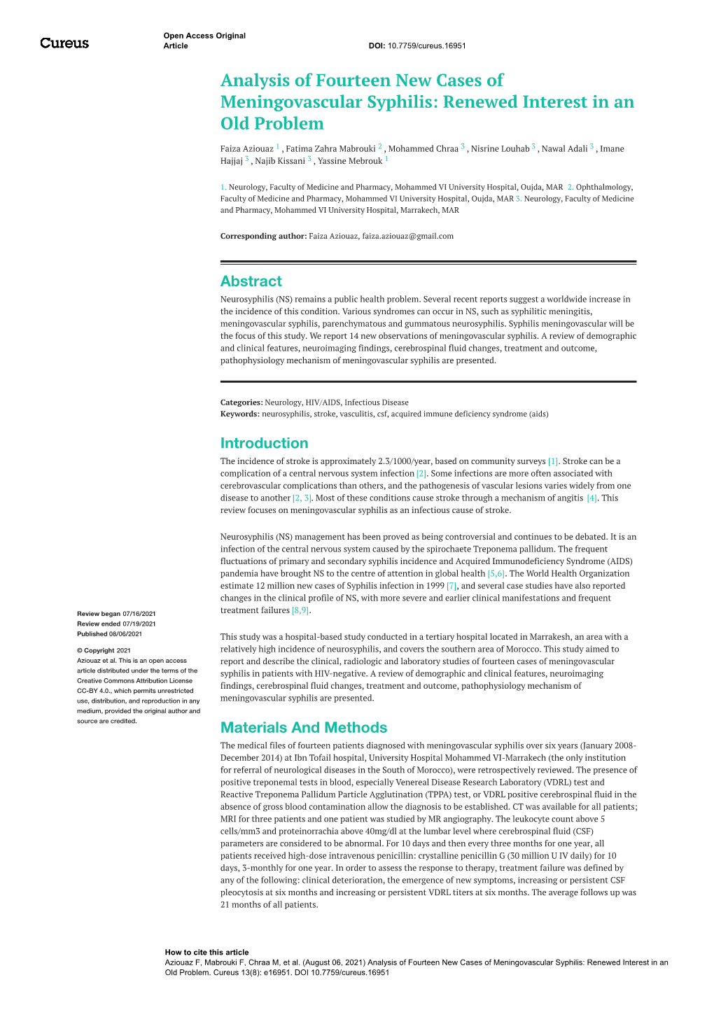 Analysis of Fourteen New Cases of Meningovascular Syphilis: Renewed Interest in an Old Problem