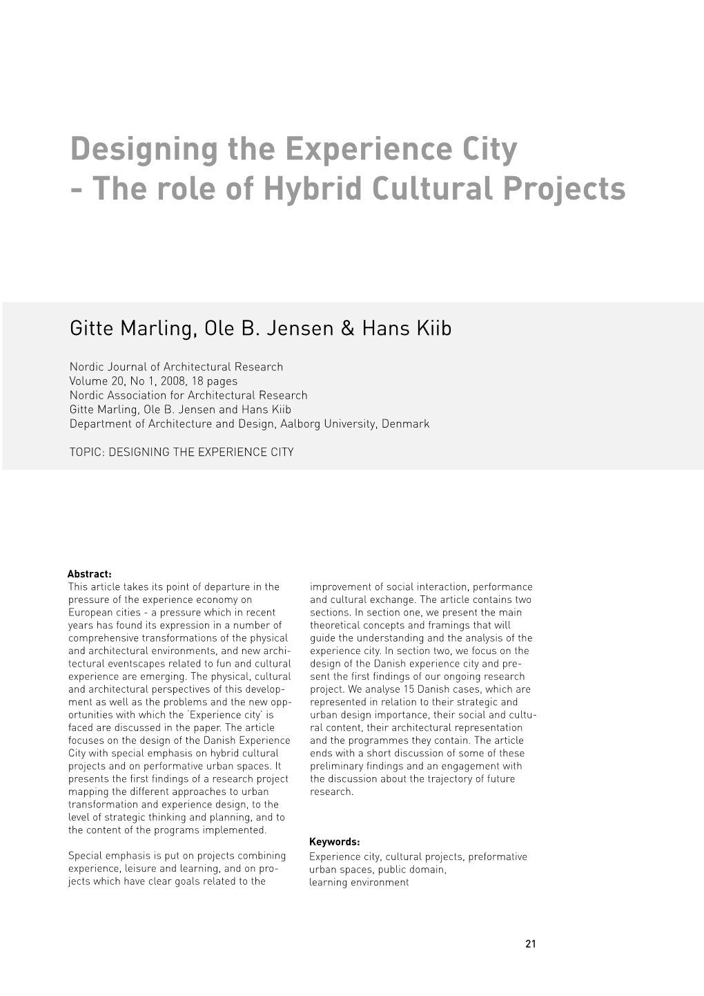 Designing the Experience City - the Role of Hybrid Cultural Projects