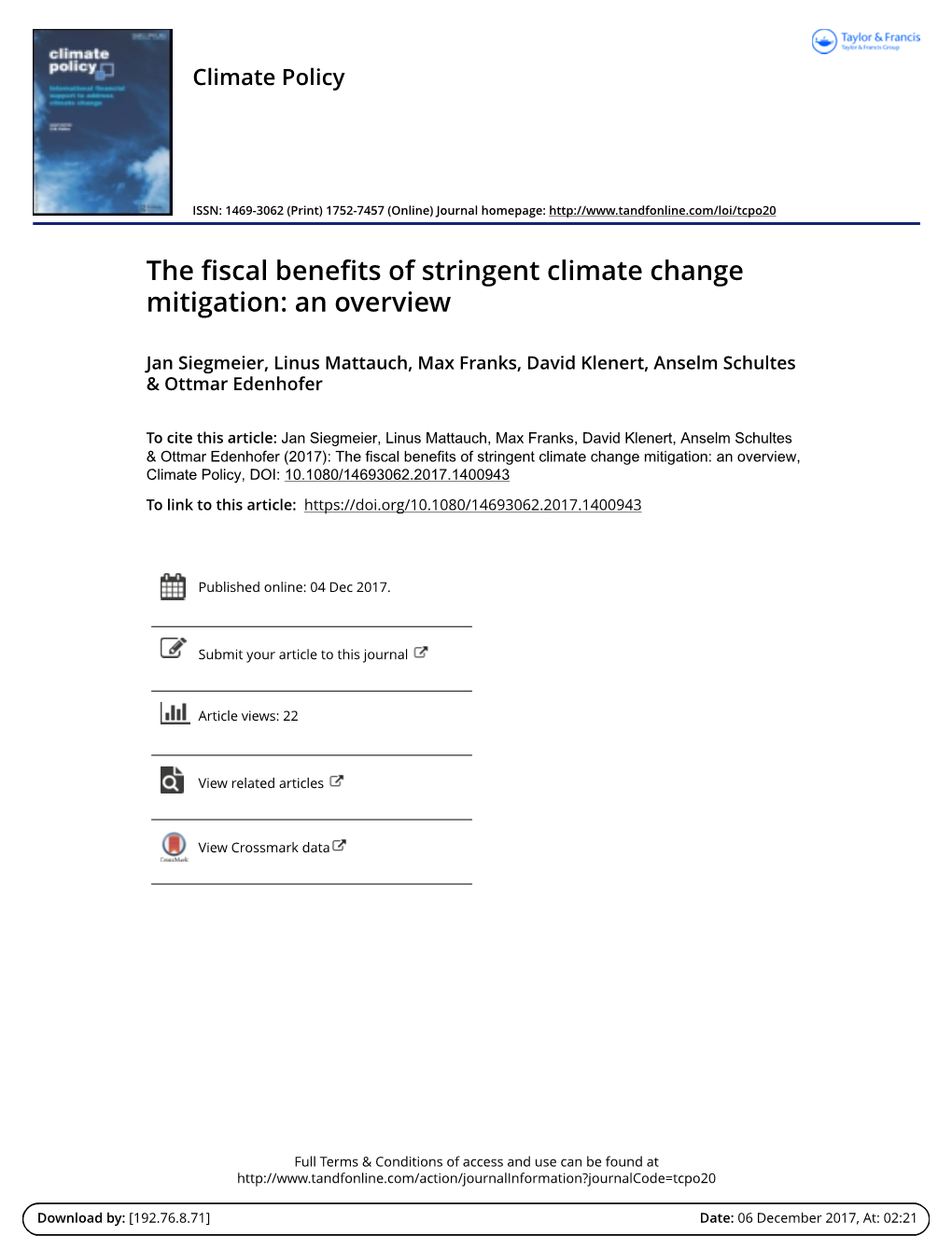 The Fiscal Benefits of Stringent Climate Change Mitigation: an Overview