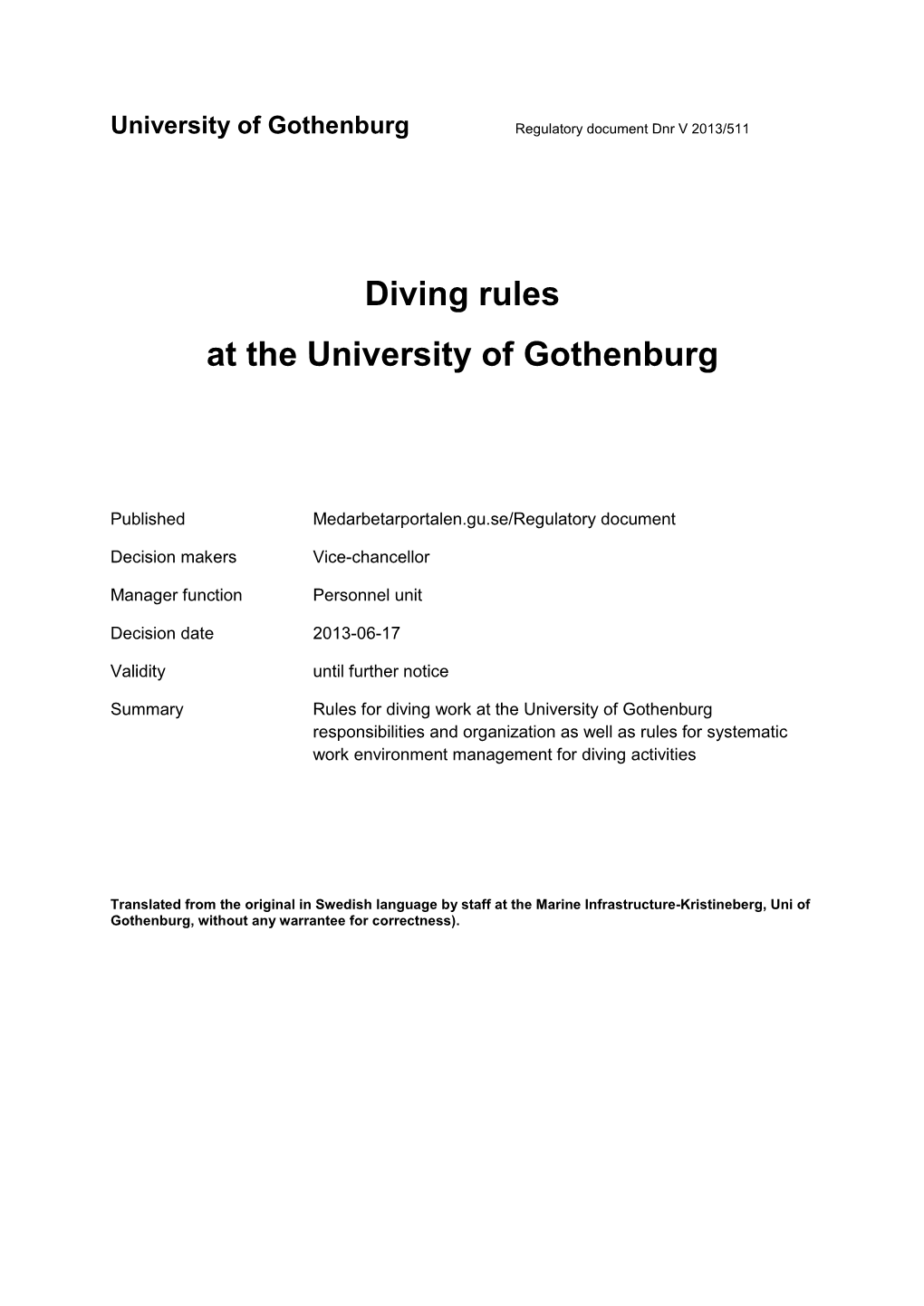 Diving Rules at the University of Gothenburg