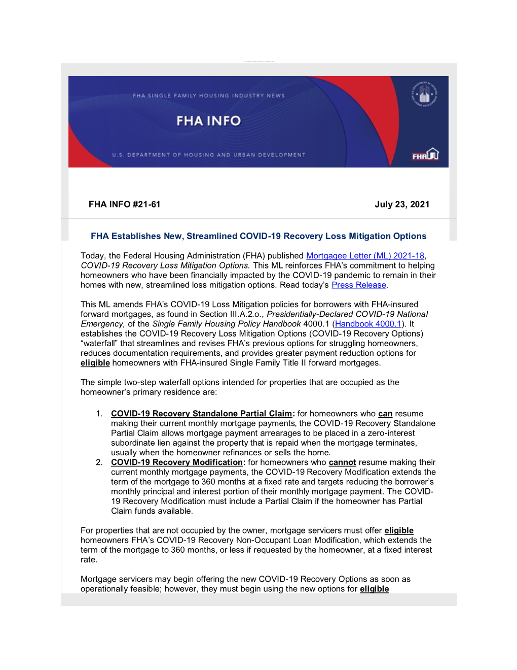 FHA INFO #21-61 July 23, 2021 FHA Establishes New, Streamlined