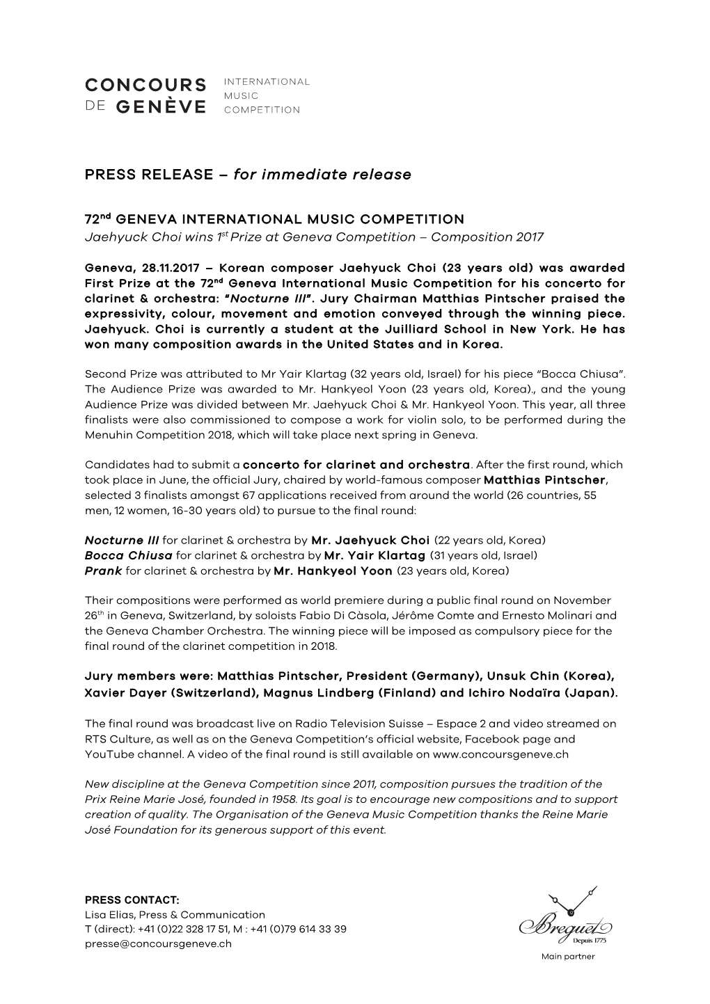 PRESS RELEASE – for Immediate Release