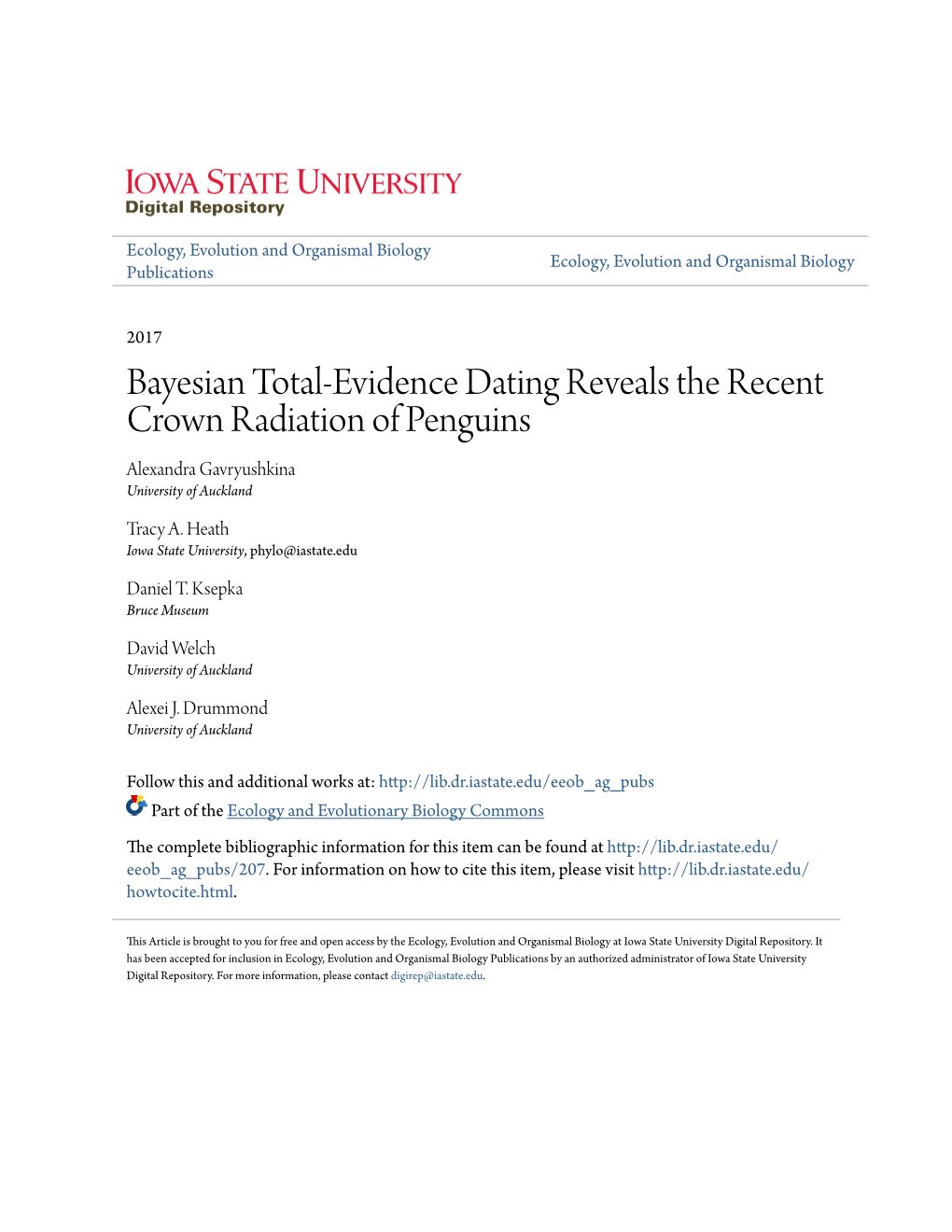 Bayesian Total-Evidence Dating Reveals the Recent Crown Radiation of Penguins Alexandra Gavryushkina University of Auckland