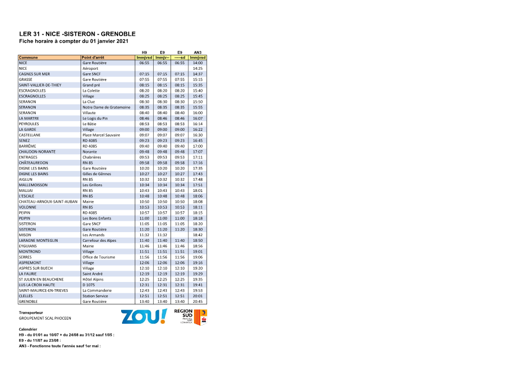 NICE -SISTERON - GRENOBLE Fiche Horaire À Compter Du 01 Janvier 2021