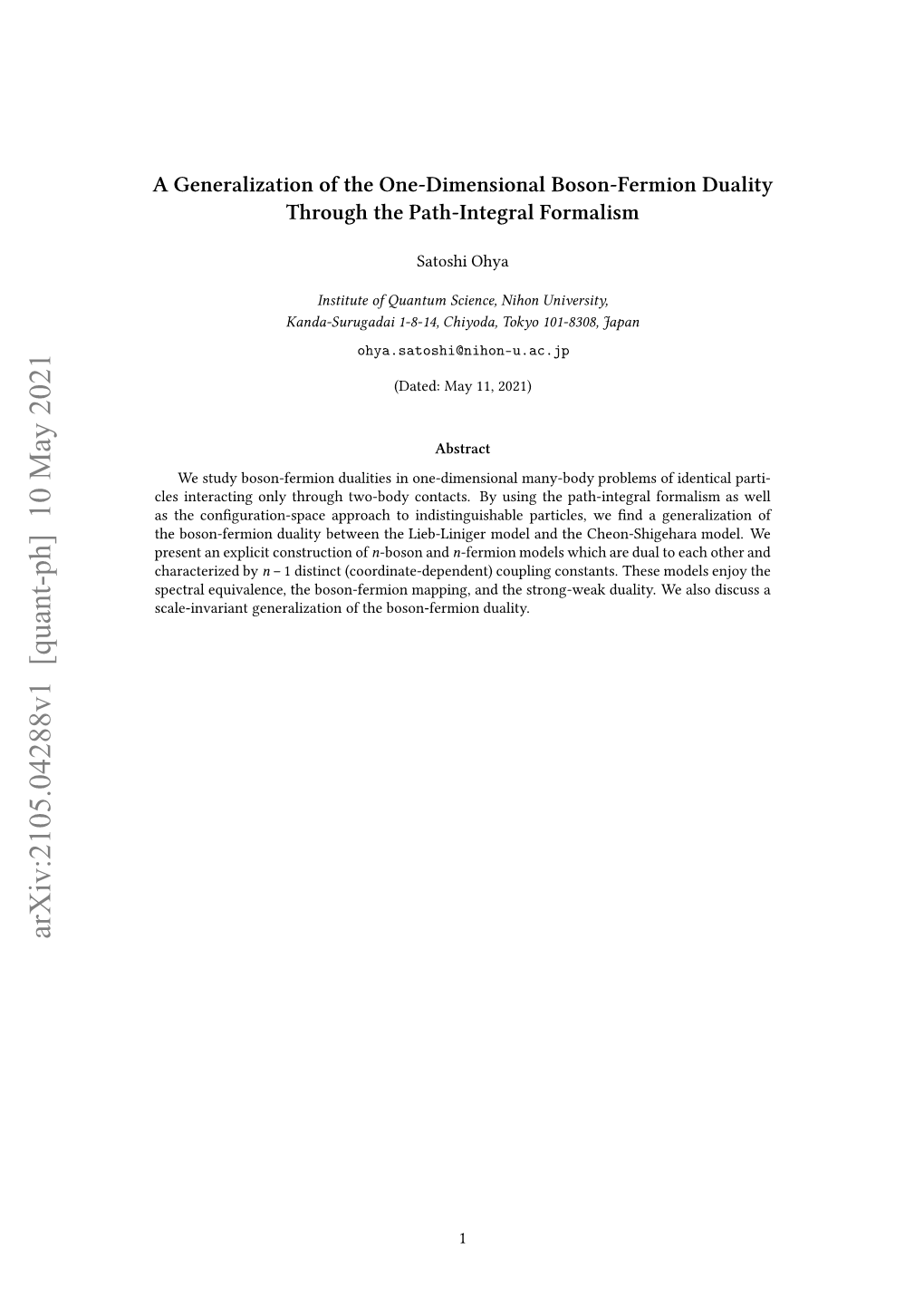 A Generalization of the One-Dimensional Boson-Fermion Duality Through the Path-Integral Formalsim