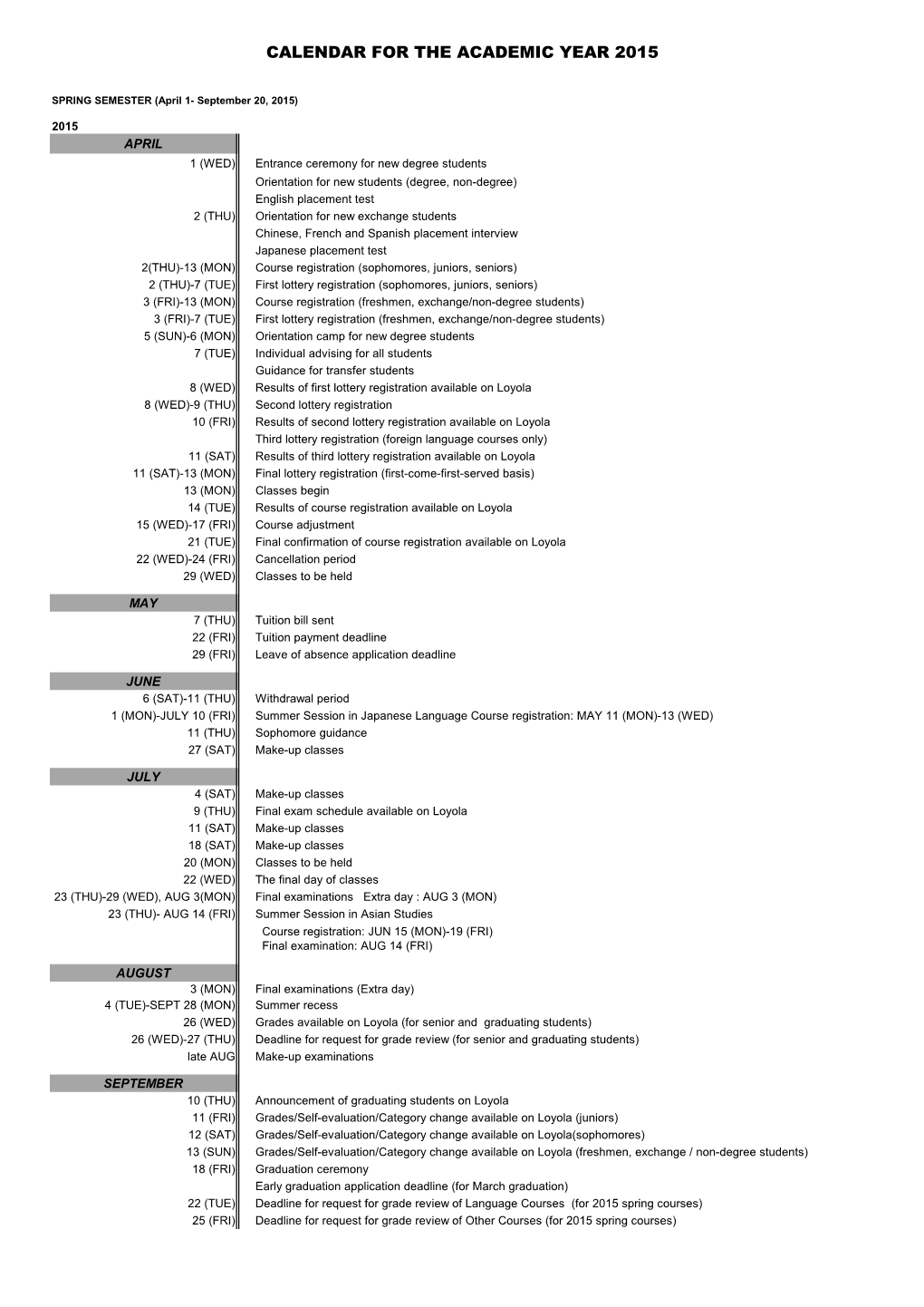 Calendar for the Academic Year 2015