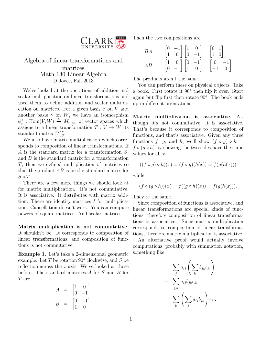 Algebra of Linear Transformations and Matrices Math 130 Linear Algebra