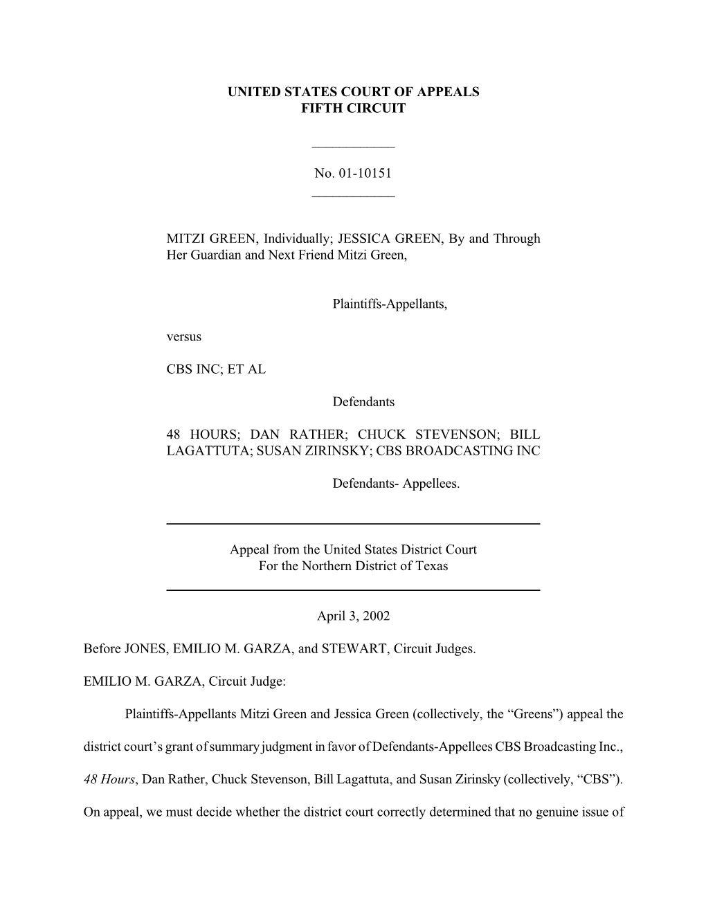 UNITED STATES COURT of APPEALS FIFTH CIRCUIT ___No. 01-10151 ___MITZI GREEN, Individually; JESSICA GREEN, By