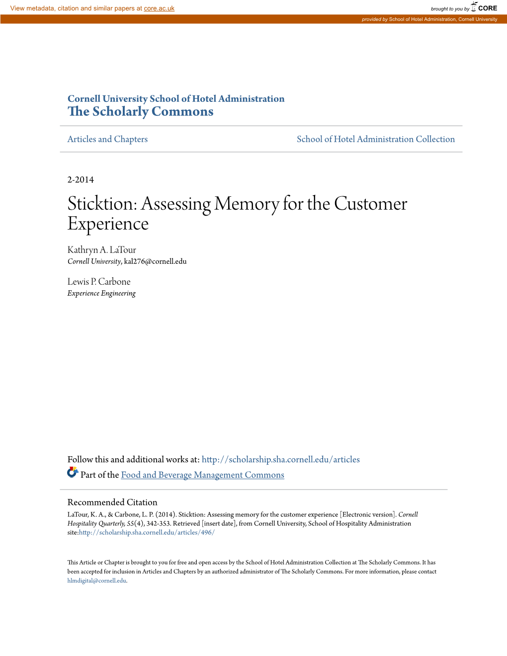 Assessing Memory for the Customer Experience Kathryn A