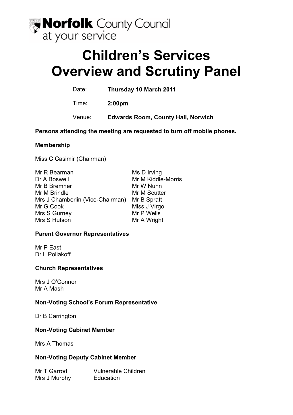 Children's Services Overview and Scrutiny Panel