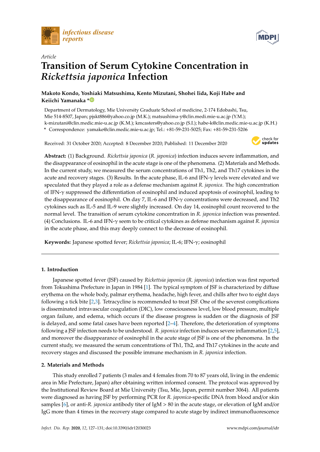 Transition of Serum Cytokine Concentration in Rickettsia Japonica Infection