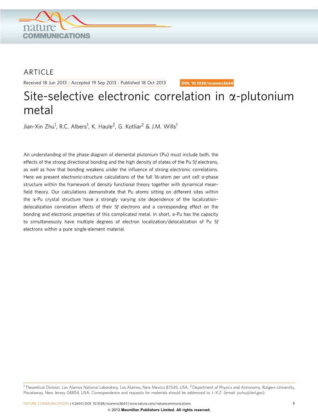 Site-Selective Electronic Correlation in Α-Plutonium Metal