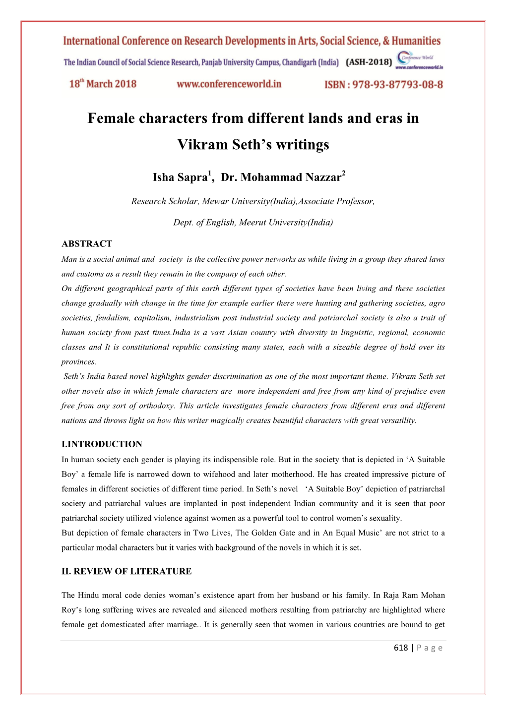 Female Characters from Different Lands and Eras in Vikram Seth's Writings