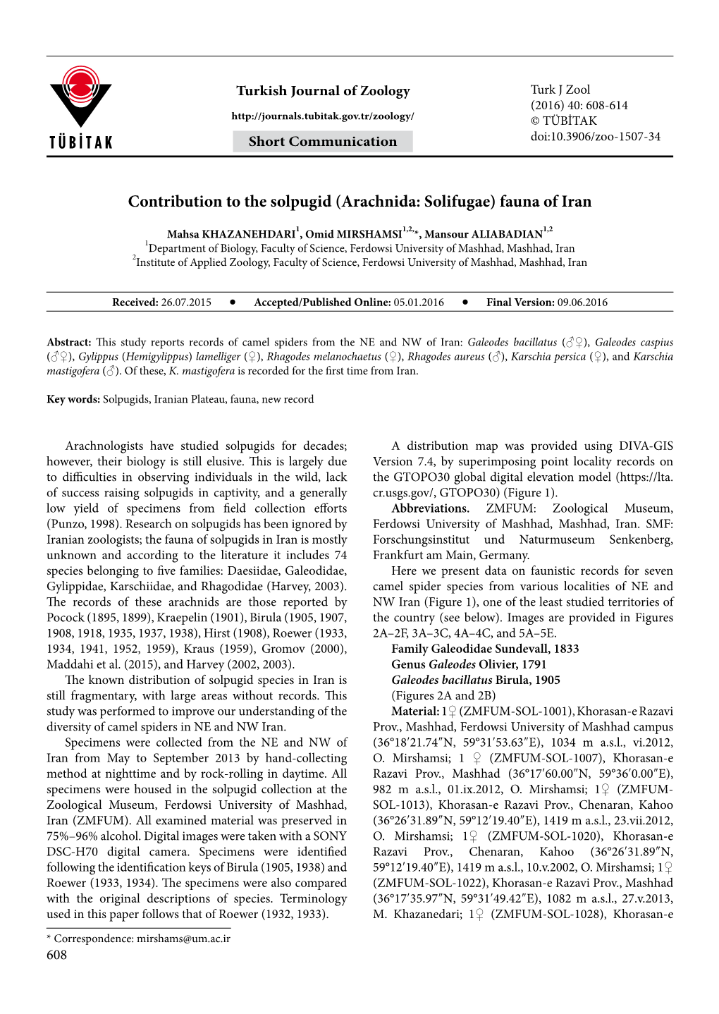 Arachnida: Solifugae) Fauna of Iran