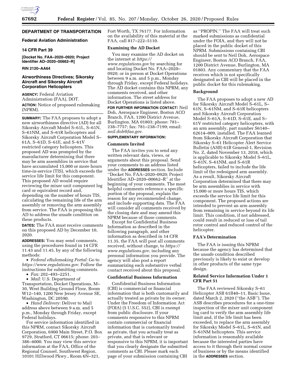 Federal Register/Vol. 85, No. 207/Monday, October 26, 2020