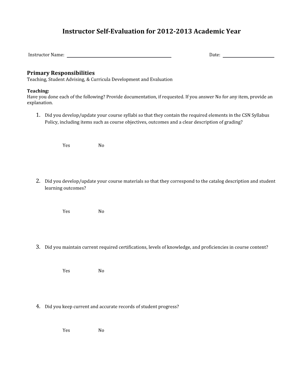 Teaching Faculty Self-Evaluation