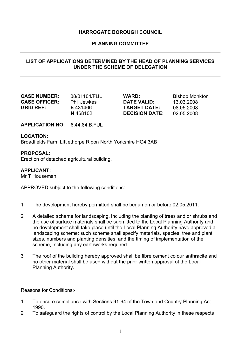 Harrogate Borough Council Planning Committee List of Applications Determined by the Head of Planning Services Under the Scheme O