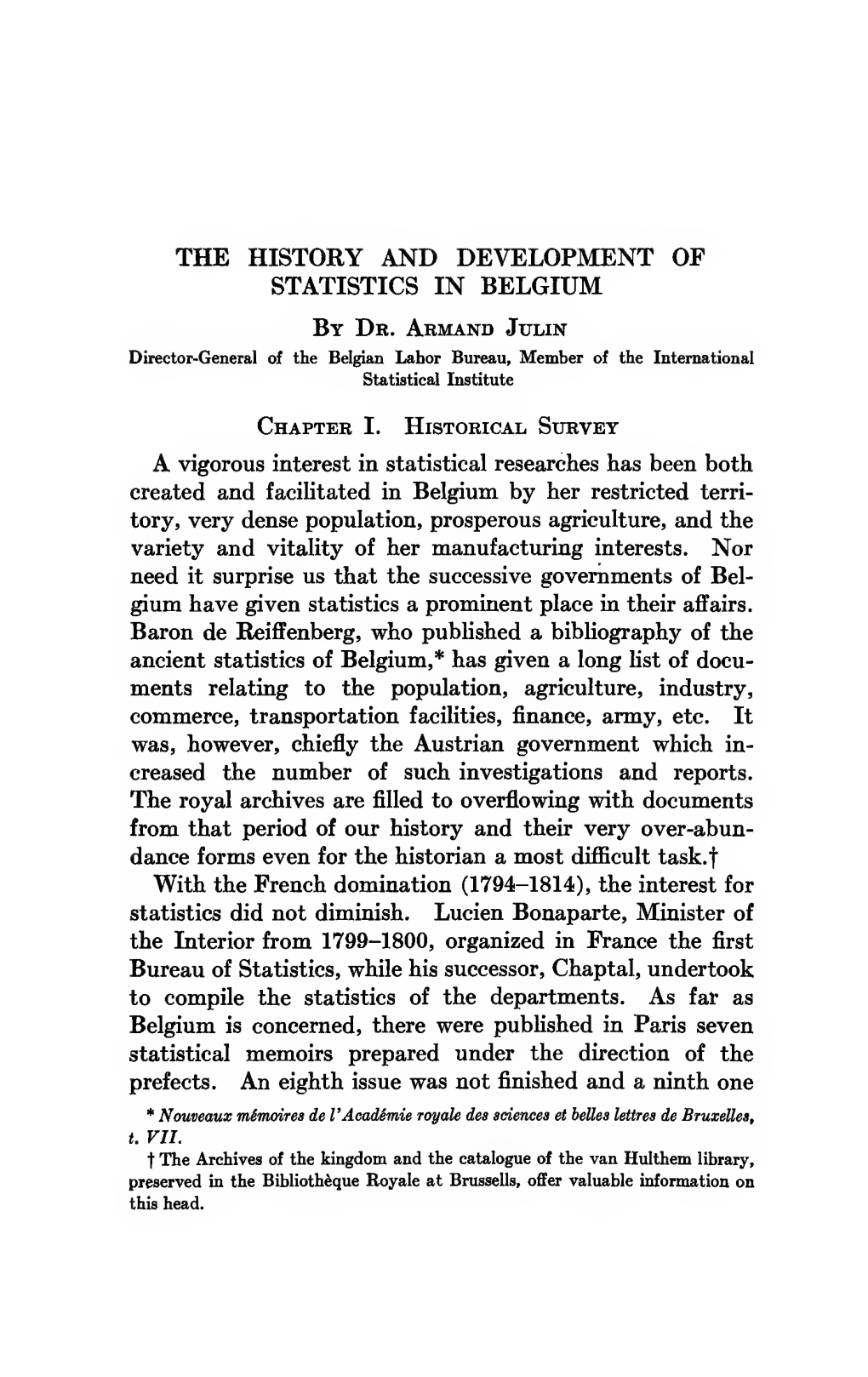 THE HISTORY and DEVELOPMENT of STATISTICS in BELGIUM by Dr