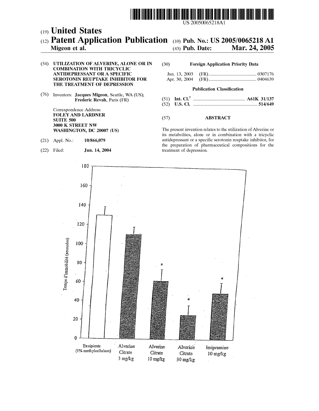 (12) Patent Application Publication (10) Pub. No.: US 2005/0065218A1 Migeon Et Al