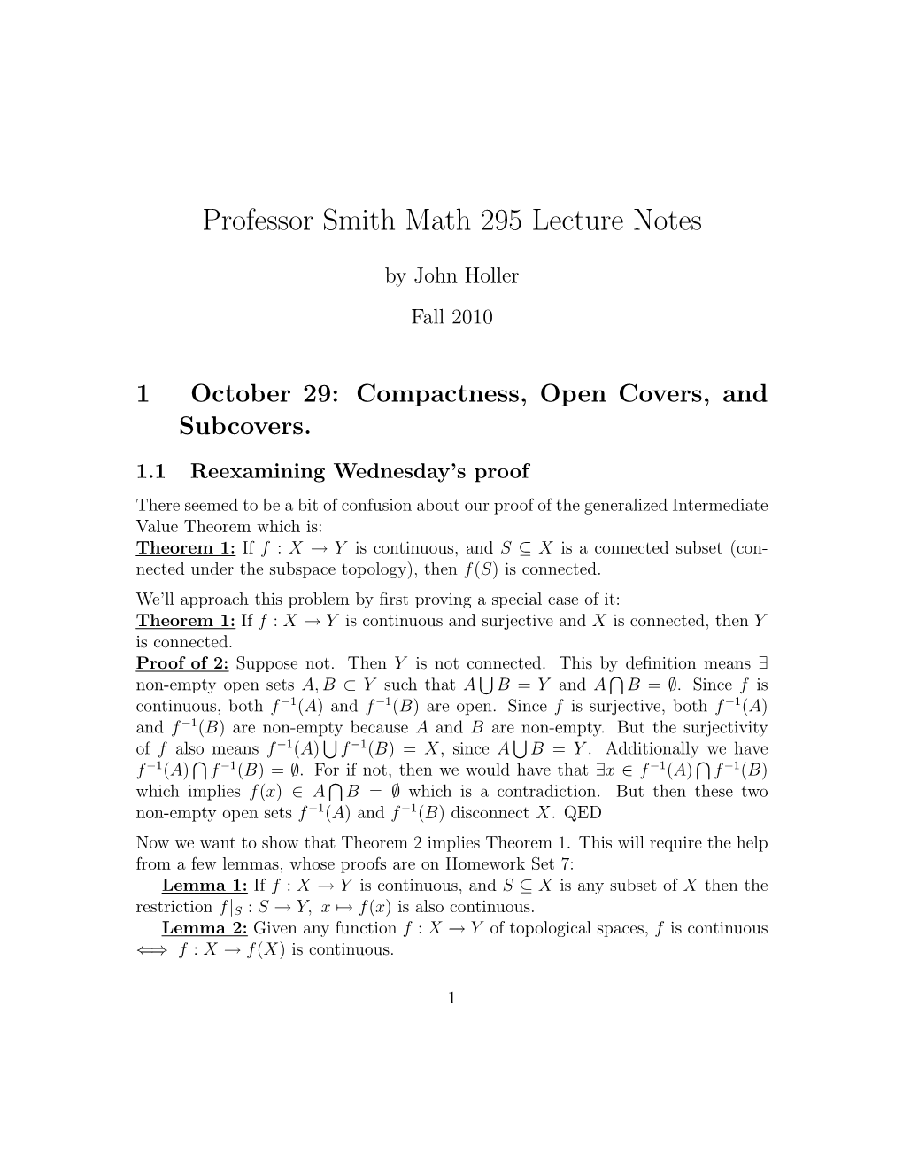 Professor Smith Math 295 Lecture Notes