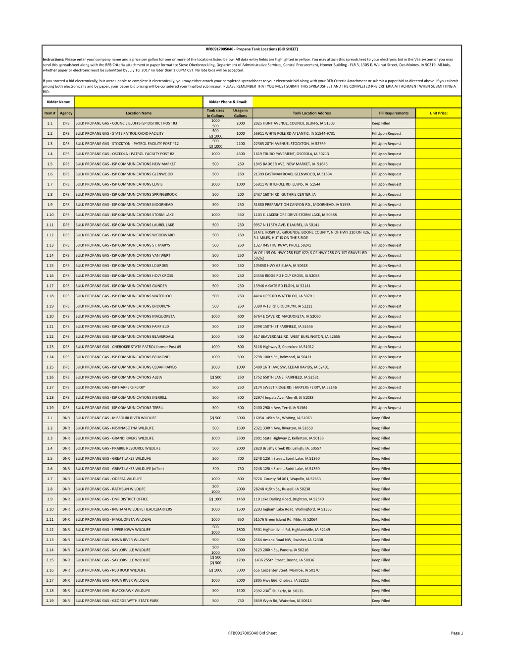 2018 Propane Tank Location List by Agency (RFB0917005040 Bid Sheet)