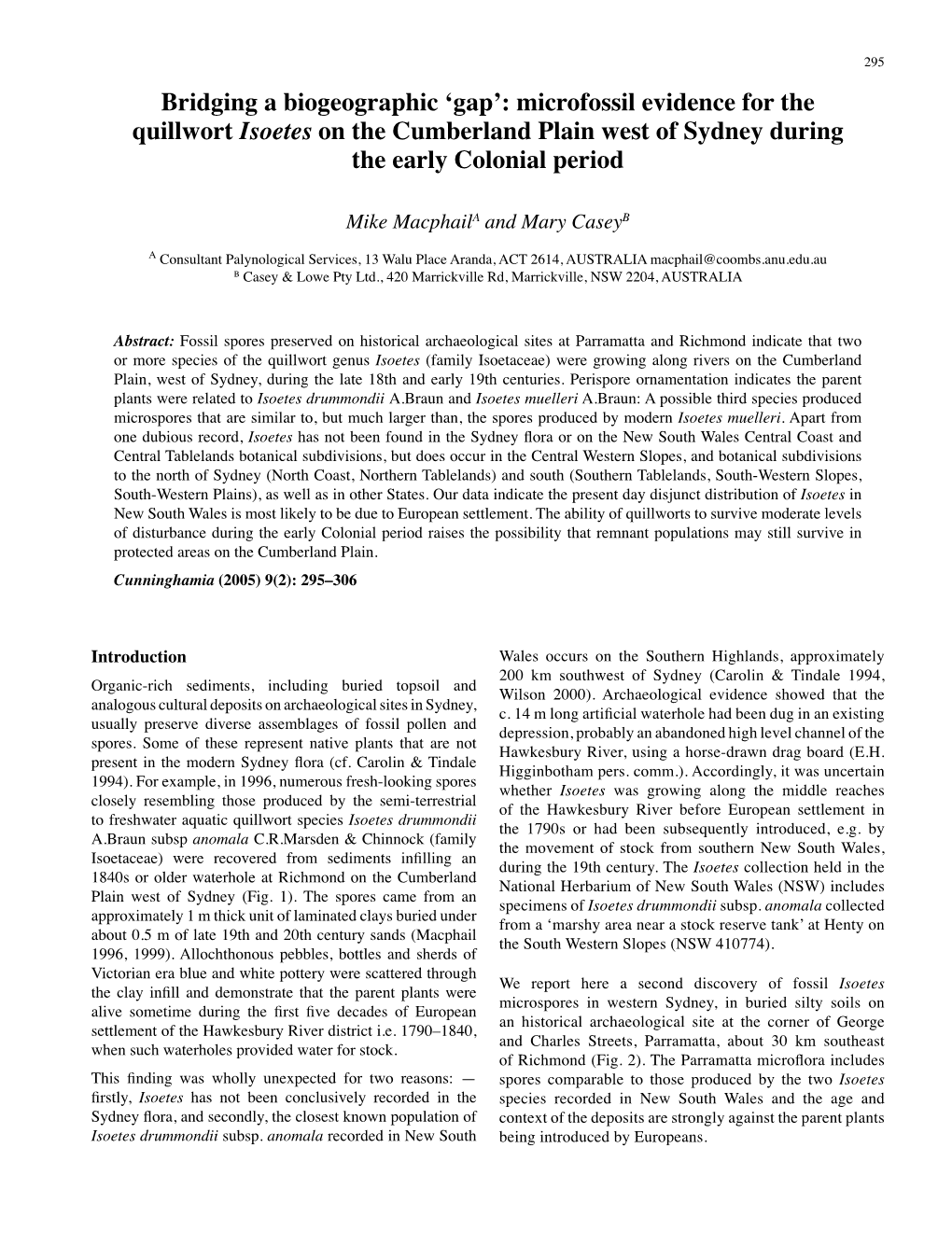 Bridging a Biogeographic 'Gap': Microfossil Evidence for the Quillwort Isoetes on the Cumberland Plain West of Sydney Durin