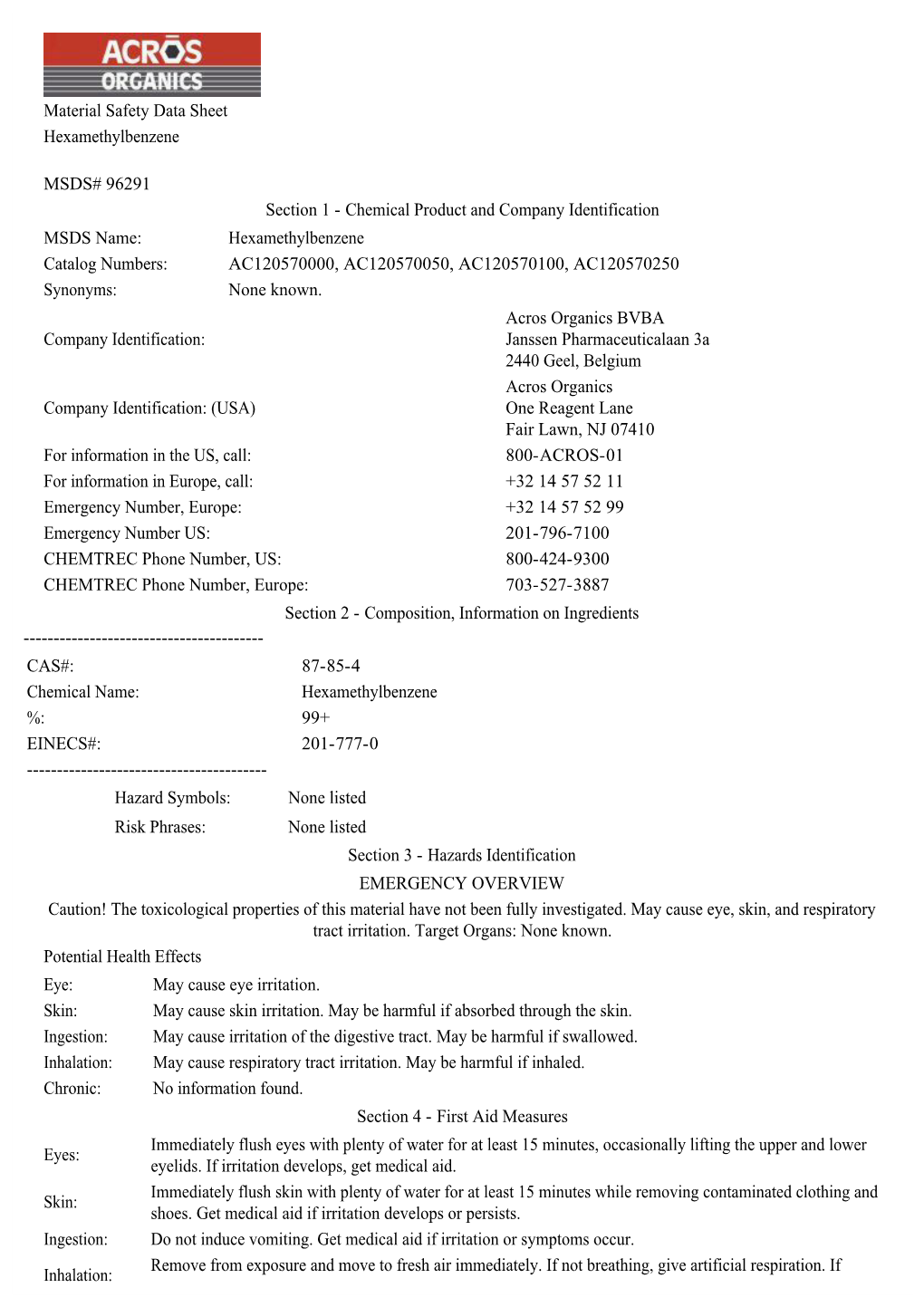 Material Safety Data Sheet Hexamethylbenzene MSDS