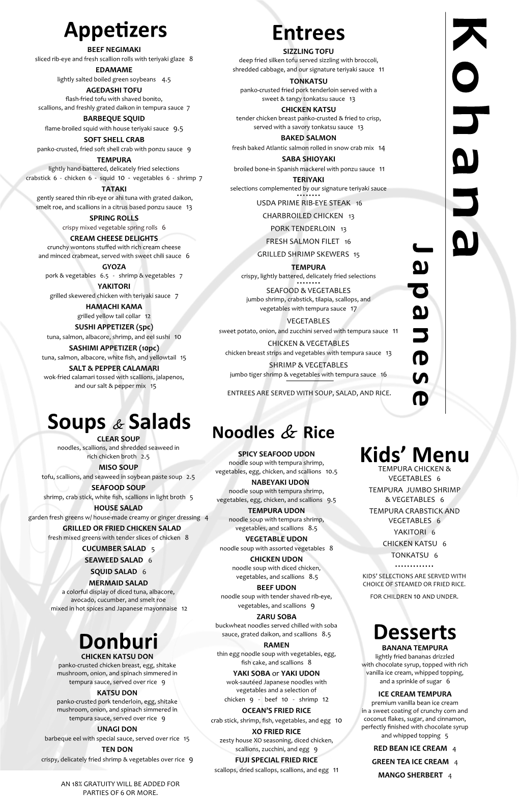 Donburi Appetizers Soups & Salads Entrees Kids' Menu Desserts