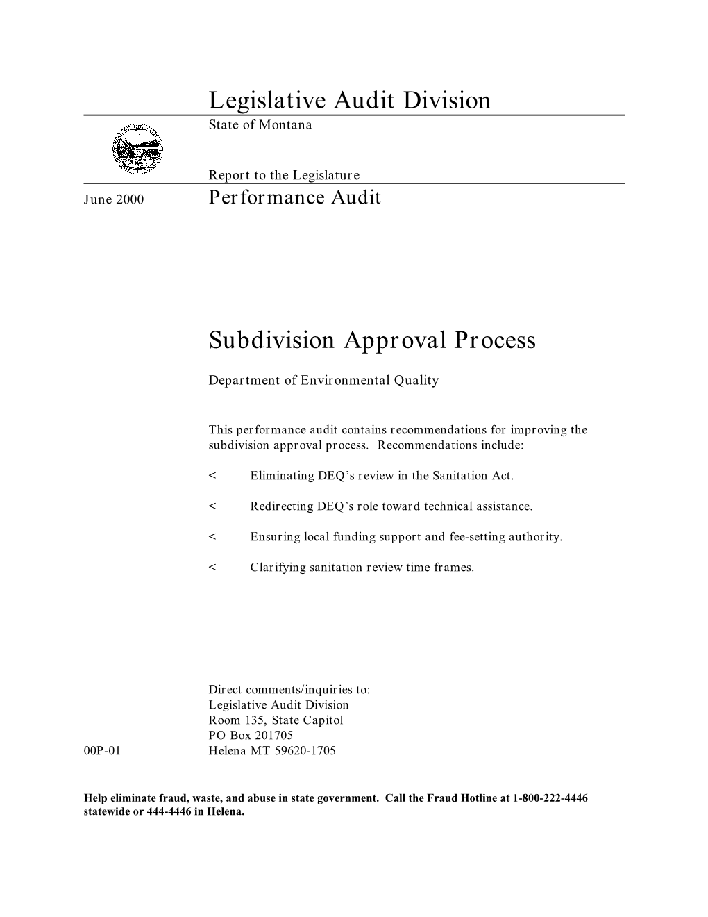 Legislative Audit Division Subdivision Approval Process