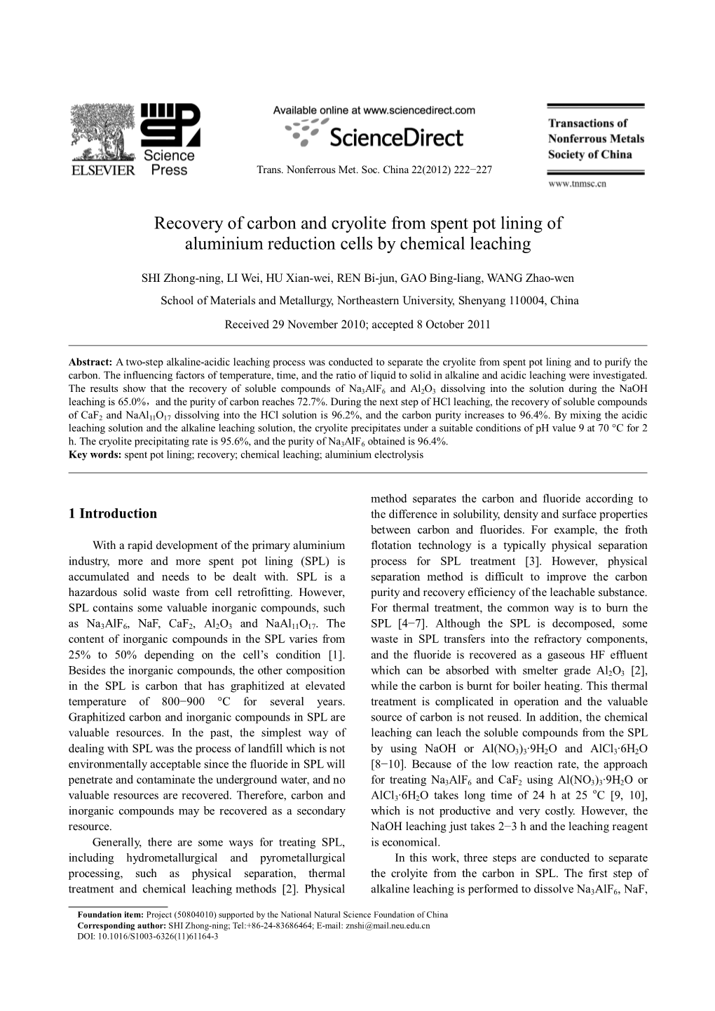 Recovery of Carbon and Cryolite from Spent Pot Lining of Aluminium Reduction Cells by Chemical Leaching