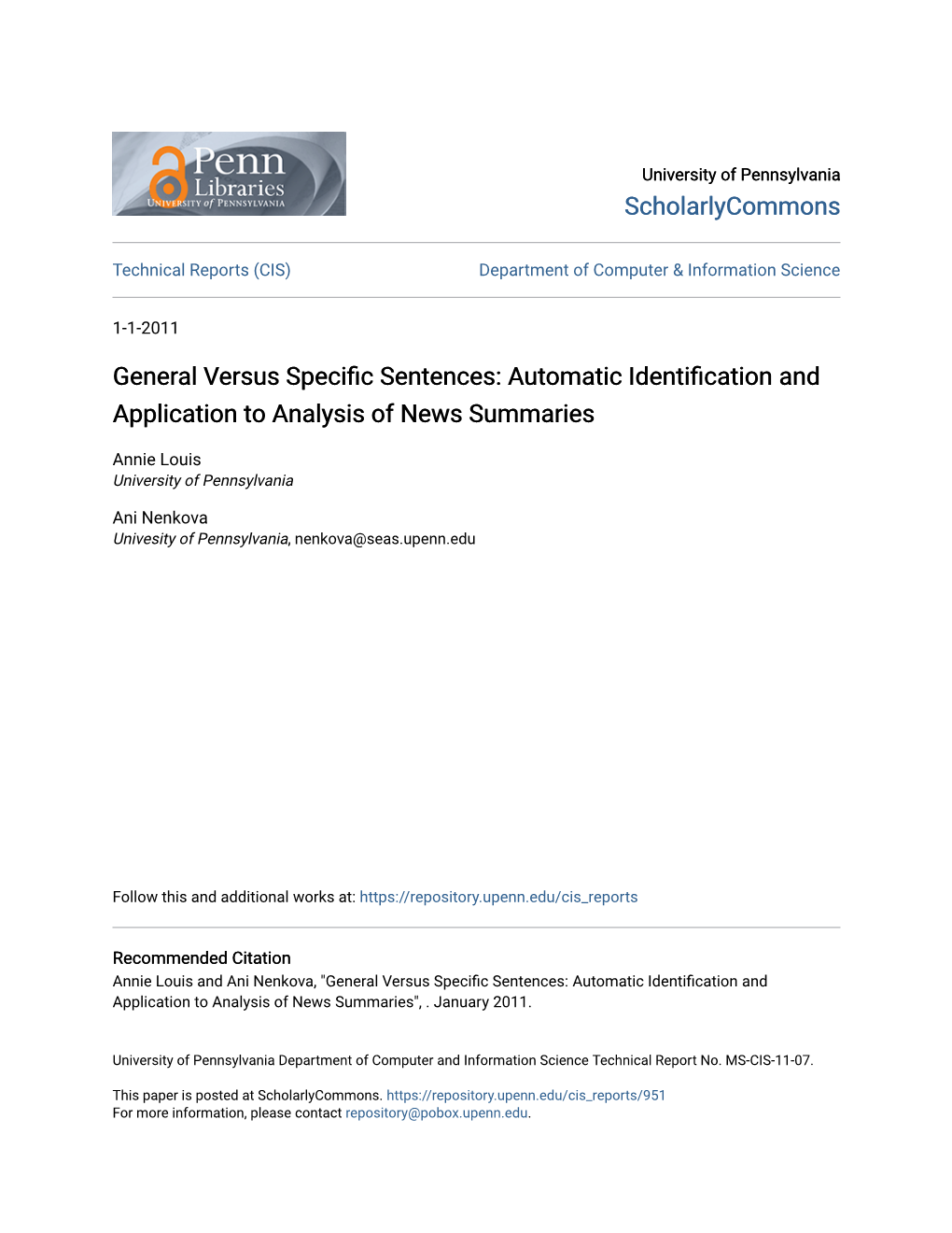 General Versus Specific Sentences: Uta Omatic Identification and Application to Analysis of News Summaries