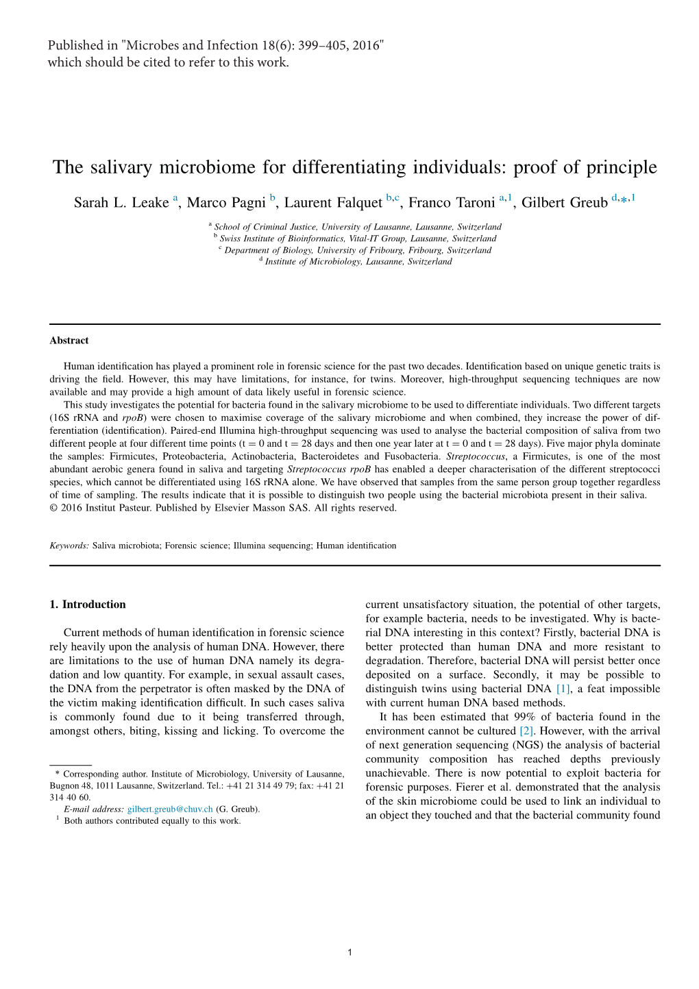 The Salivary Microbiome for Differentiating Individuals: Proof of Principle