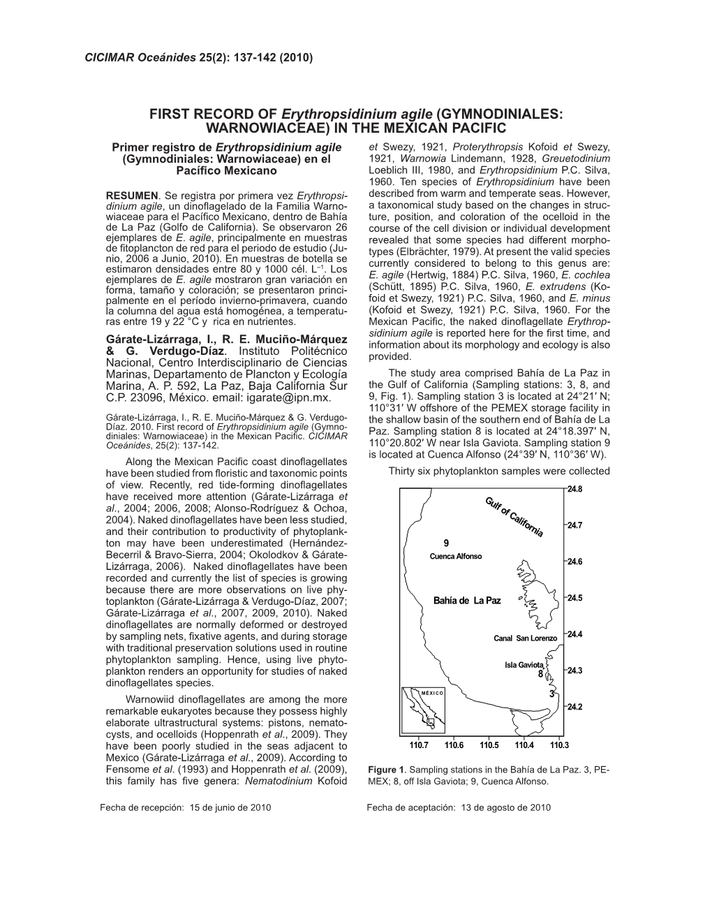 FIRST RECORD of Erythropsidinium Agile (GYMNODINIALES: WARNOWIACEAE) in the MEXICAN PACIFIC