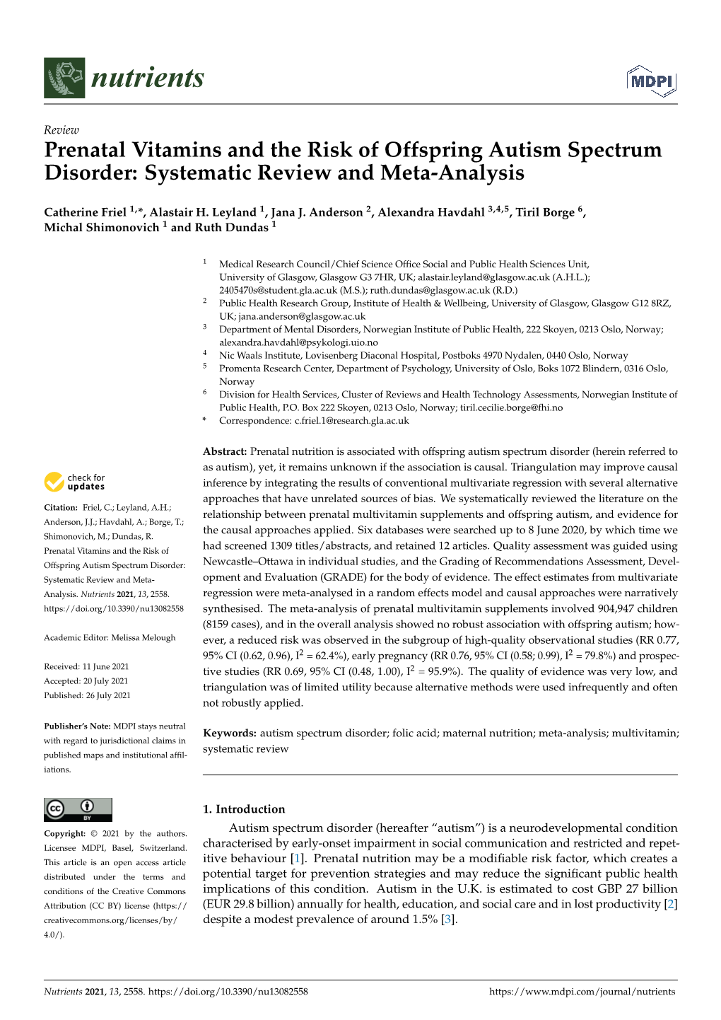 Prenatal Vitamins and the Risk of Offspring Autism Spectrum Disorder: Systematic Review and Meta-Analysis