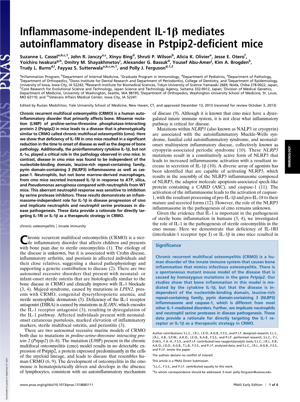 Inflammasome-Independent IL-1Β Mediates Autoinflammatory Disease in Pstpip2-Deficient Mice