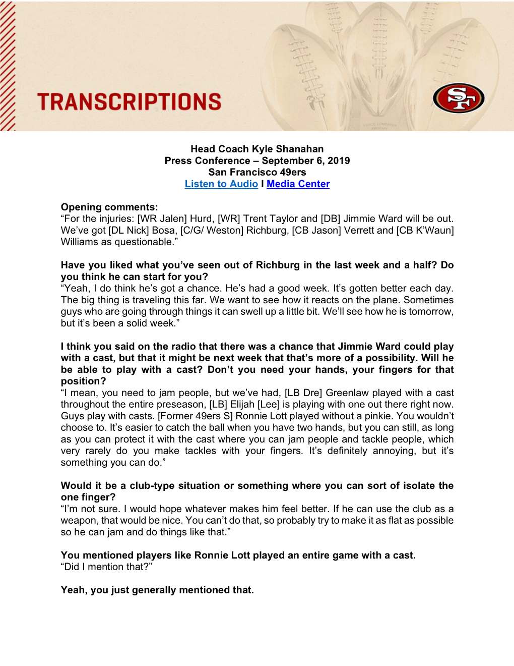 Head Coach Kyle Shanahan Press Conference – September 6, 2019 San Francisco 49Ers Listen to Audio I Media Center