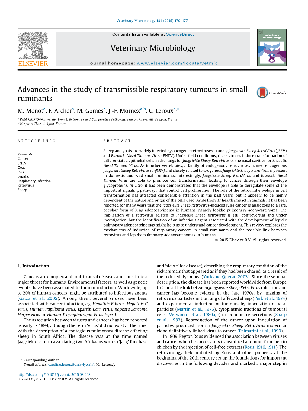 Advances in the Study of Transmissible Respiratory Tumours in Small Ruminants Veterinary Microbiology