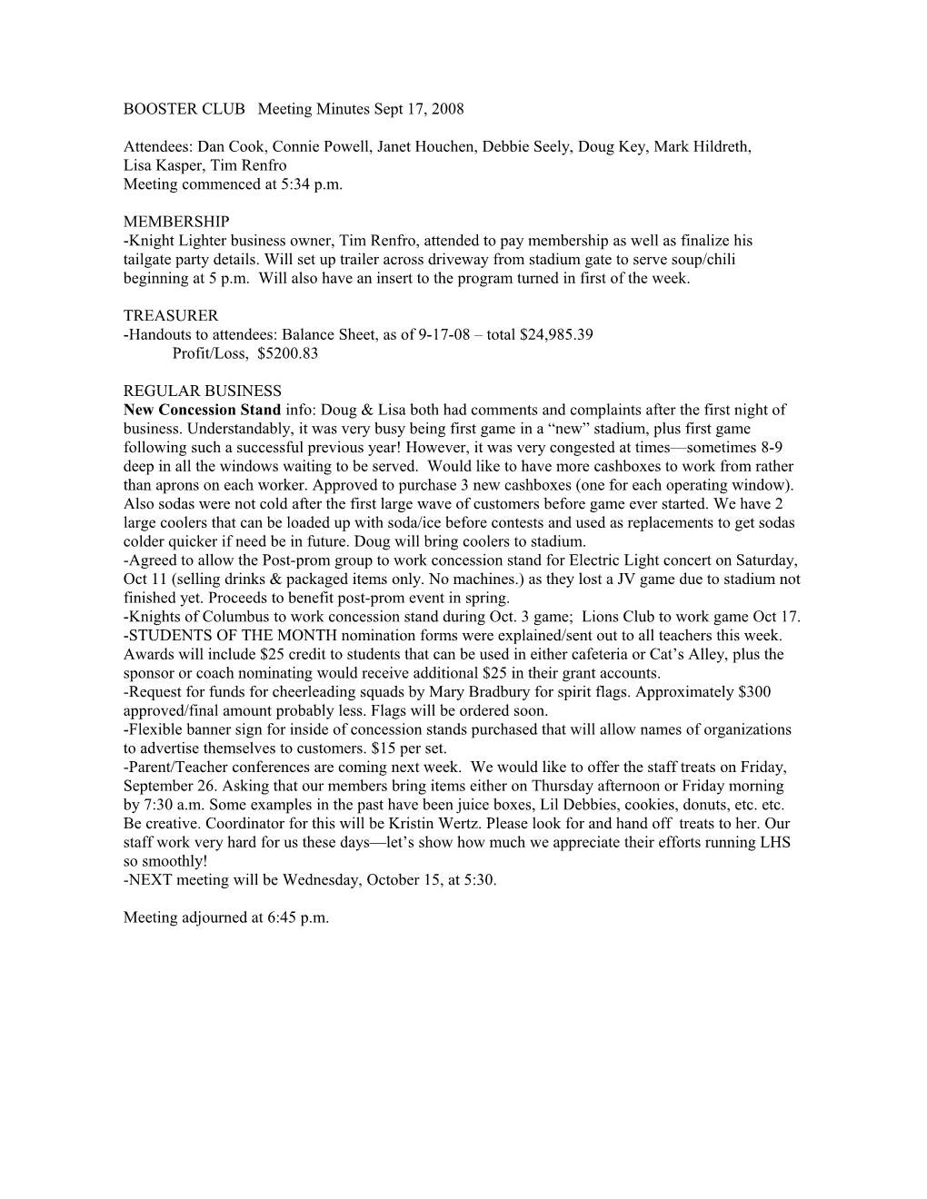 BOOSTER CLUB Meeting Minutes September 12, 2007
