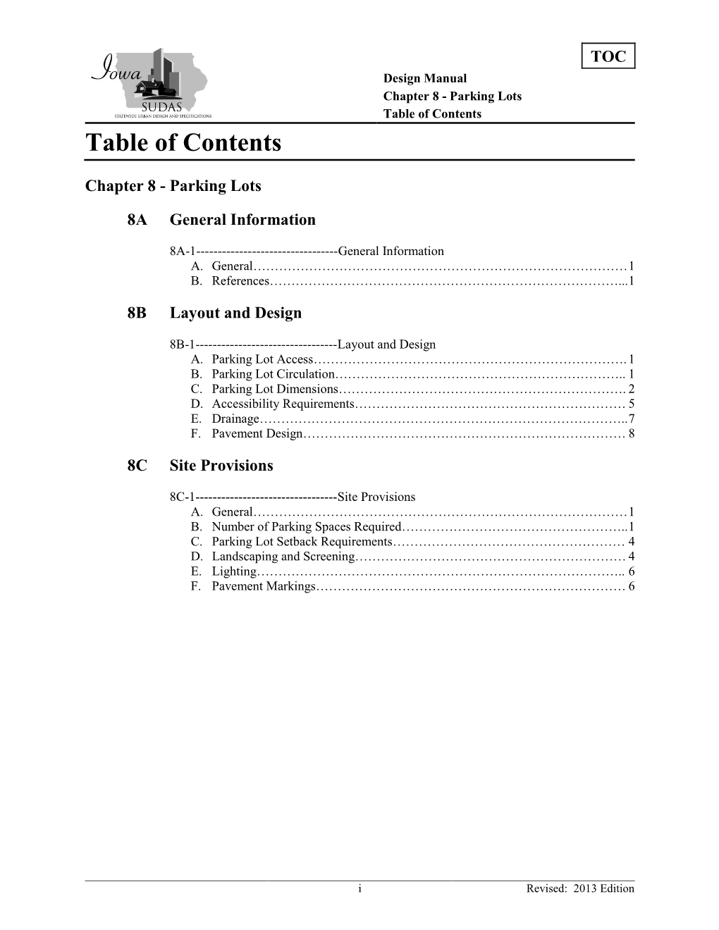 Chapter 8 - Parking Lots Table of Contents