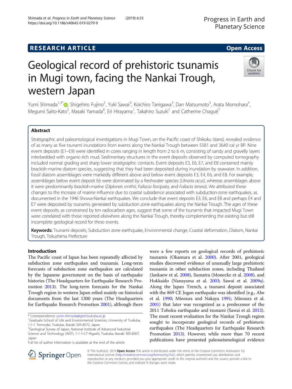 Geological Record of Prehistoric Tsunamis in Mugi Town, Facing The