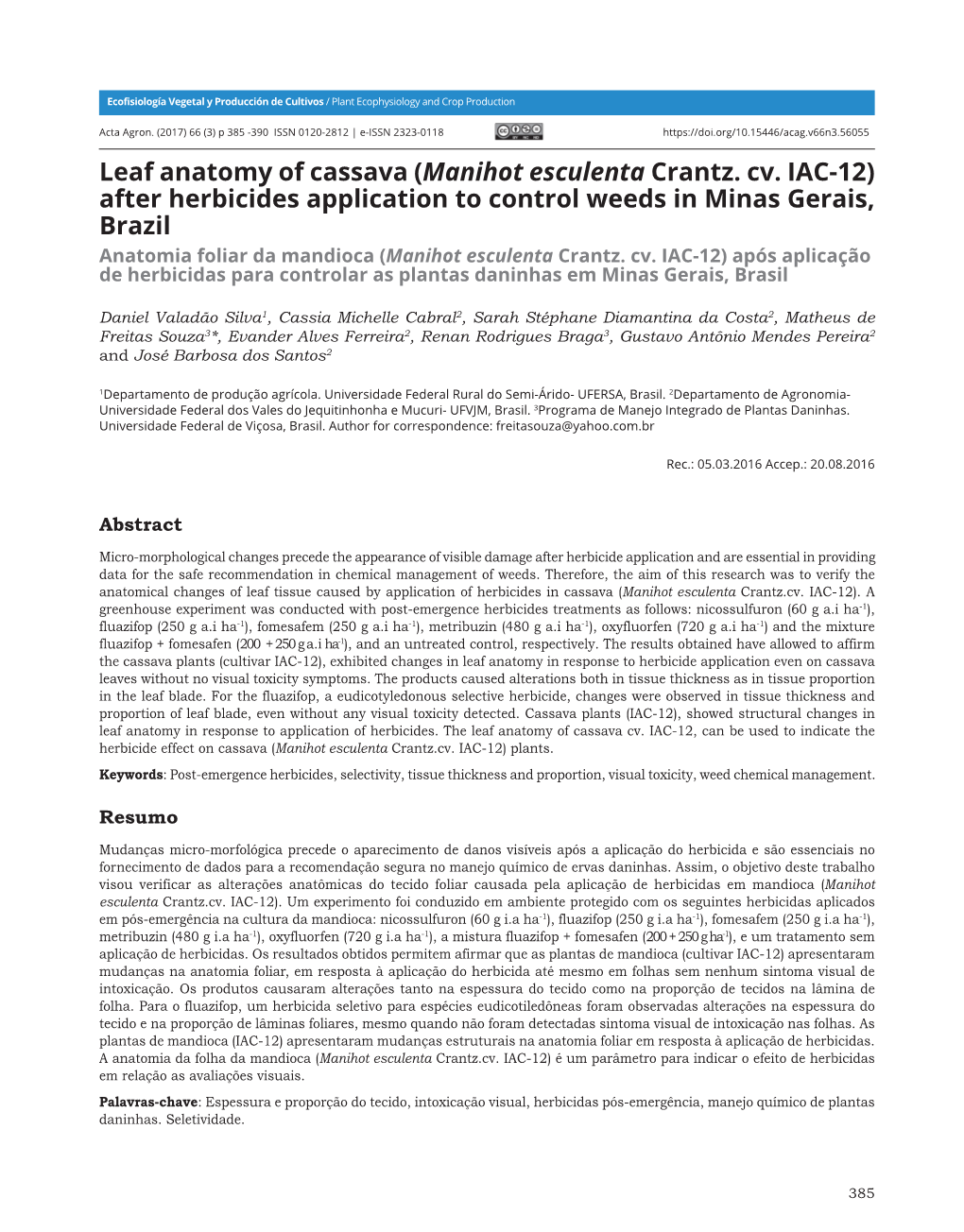 Leaf Anatomy of Cassava (Manihot Esculenta Crantz. Cv. IAC-12) After Herbicides Application to Control Weeds in Minas Gerais, Br