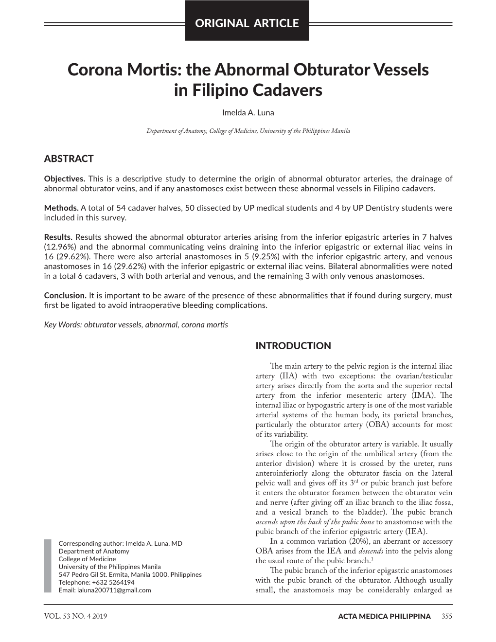 Corona Mortis: the Abnormal Obturator Vessels in Filipino Cadavers