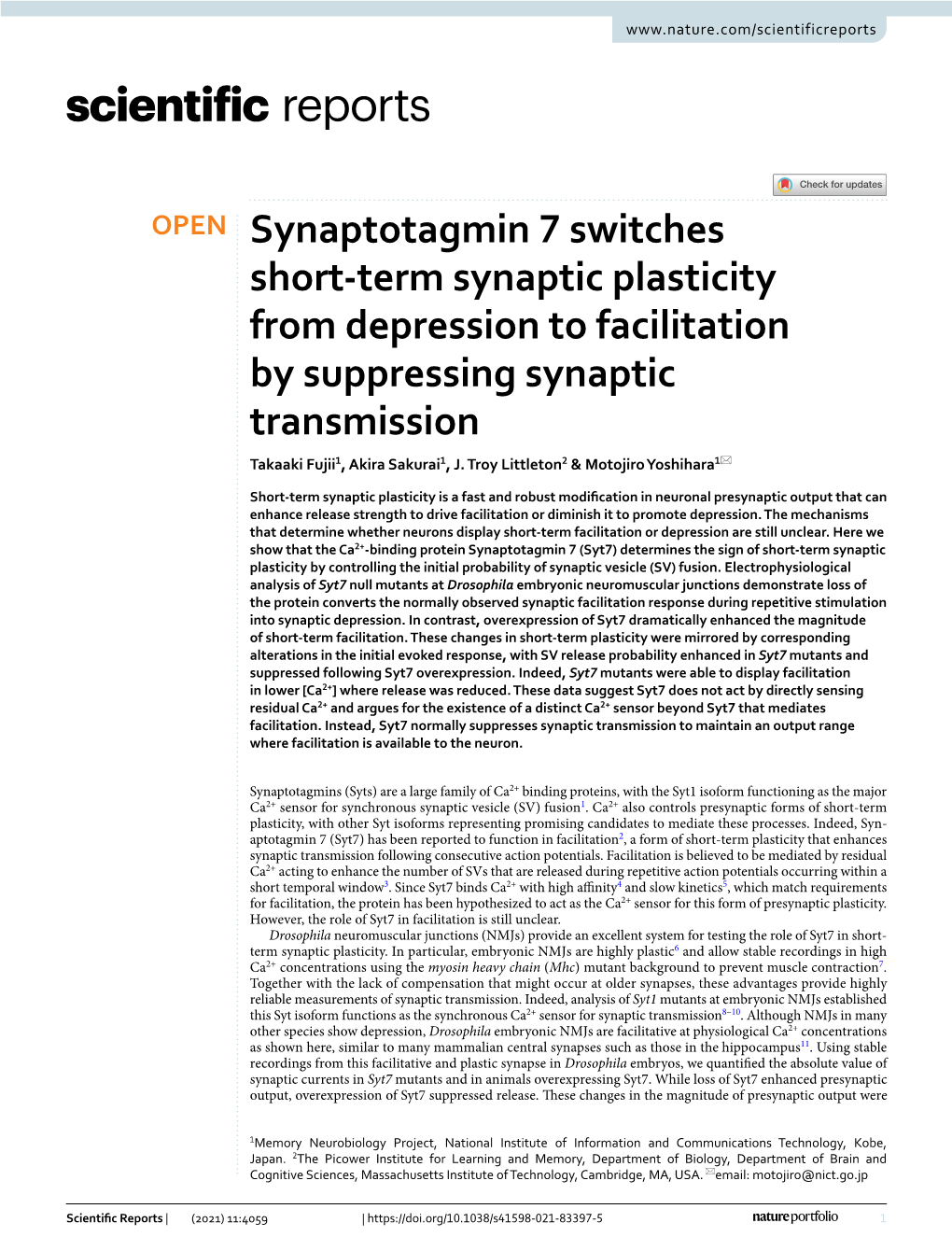 Synaptotagmin 7 Switches Short-Term Synaptic Plasticity from Depression