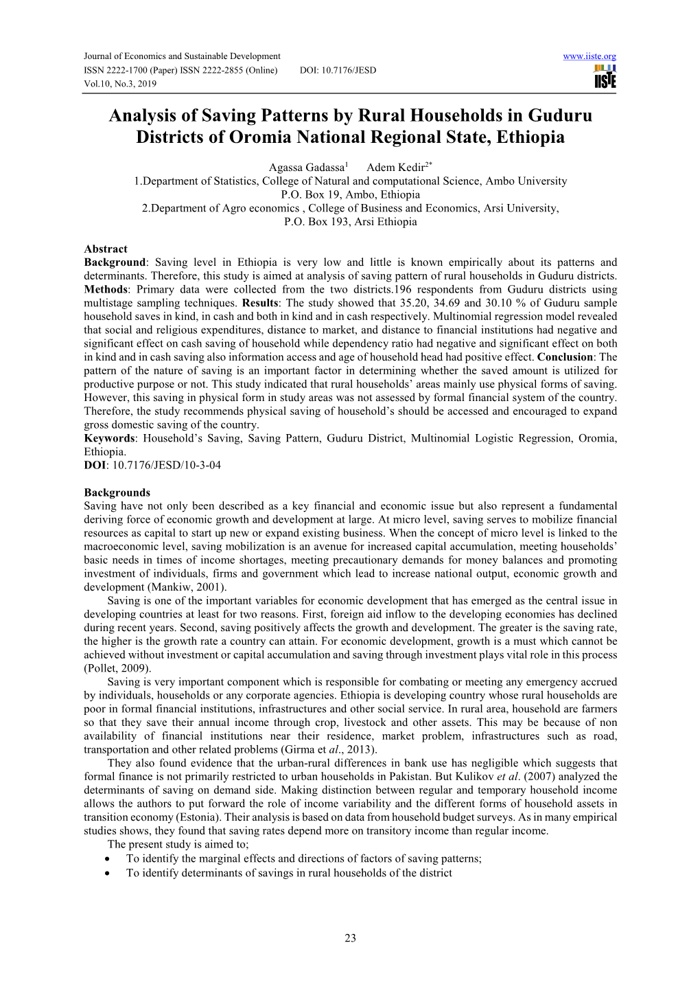 Analysis of Saving Patterns by Rural Households in Guduru Districts of Oromia National Regional State, Ethiopia