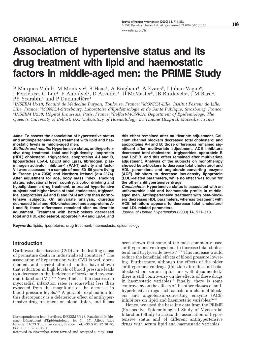 Association of Hypertensive Status and Its Drug Treatment with Lipid and Haemostatic Factors in Middle-Aged Men: the PRIME Study