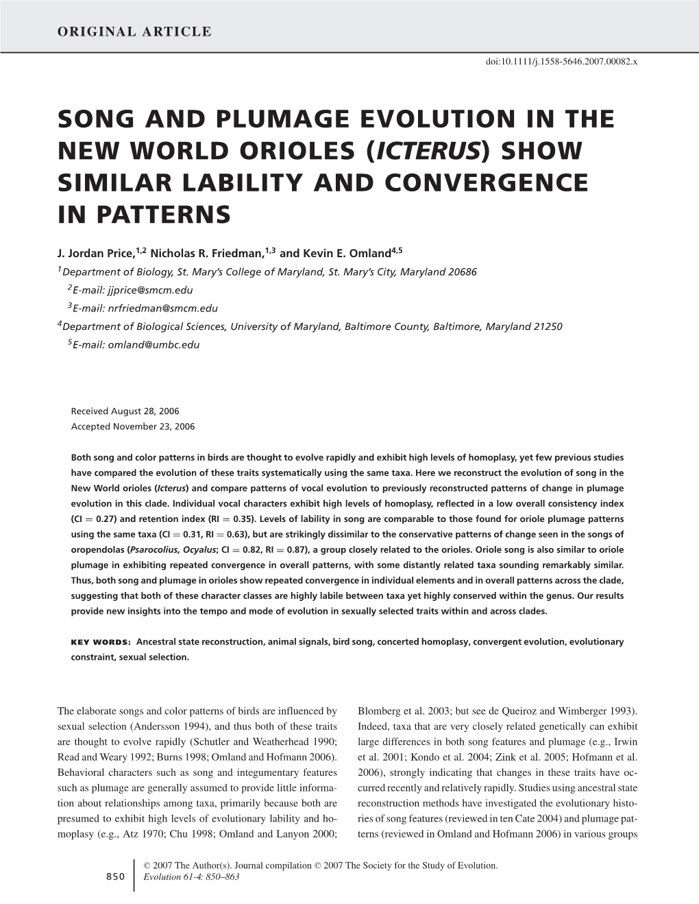 Song and Plumage Evolution in the New World Orioles (Icterus) Show Similar Lability and Convergence in Patterns